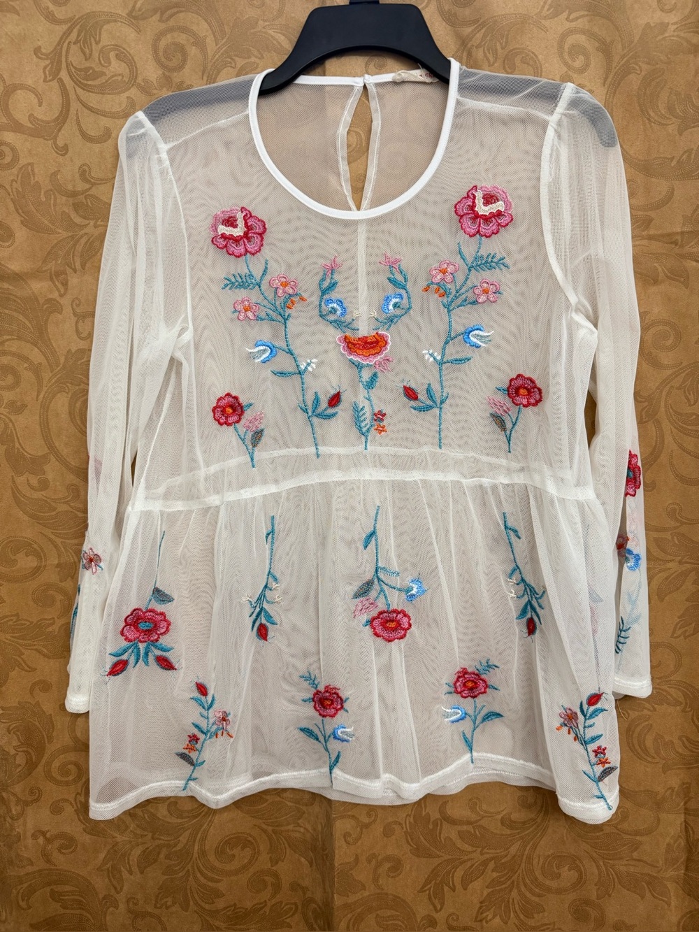 grand & greene White Sheer Tunic with Pink and Blue Floral Embroidery PTP 20”